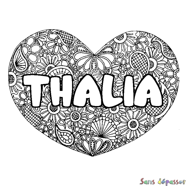 Coloriage pr&eacute;nom THALIA - d&eacute;cor Mandala coeur