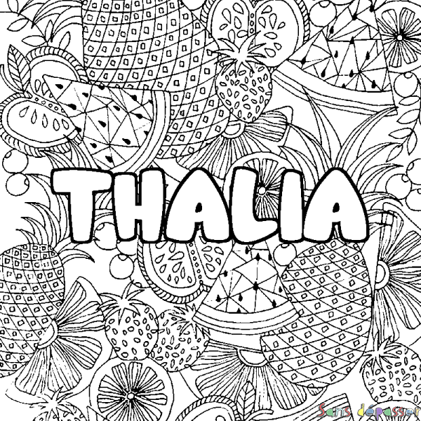 Coloriage pr&eacute;nom THALIA - d&eacute;cor Mandala fruits