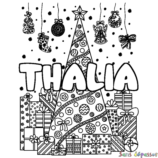 Coloriage pr&eacute;nom THALIA - d&eacute;cor Sapin et Cadeaux
