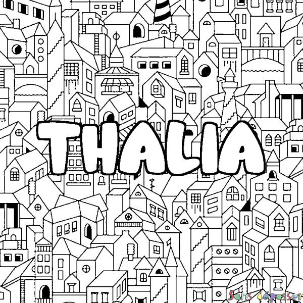Coloriage pr&eacute;nom THALIA - d&eacute;cor Ville
