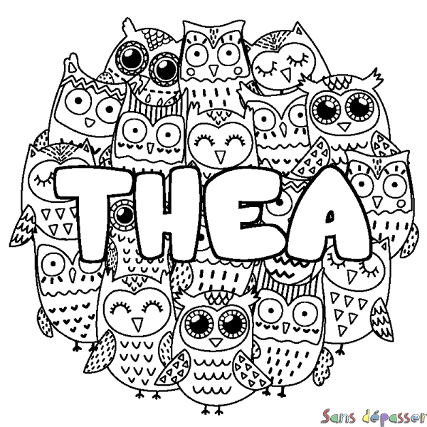Coloriage pr&eacute;nom THEA - d&eacute;cor Chouettes