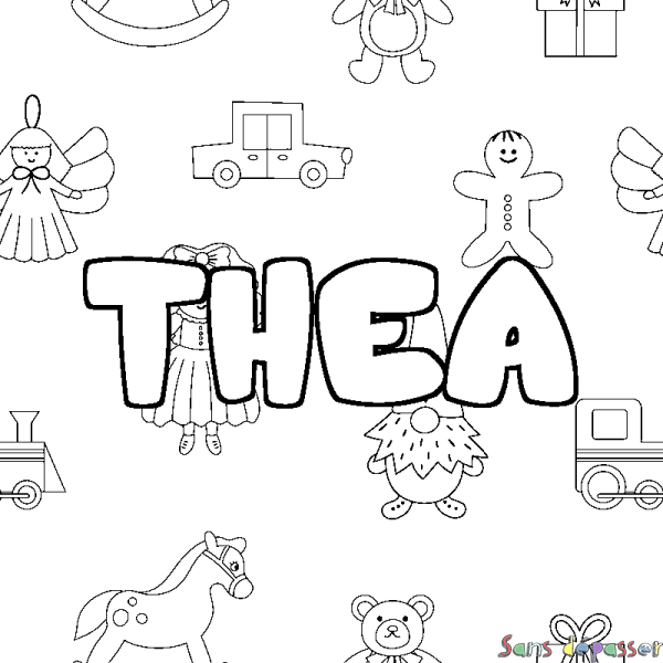Coloriage pr&eacute;nom THEA - d&eacute;cor Jouets