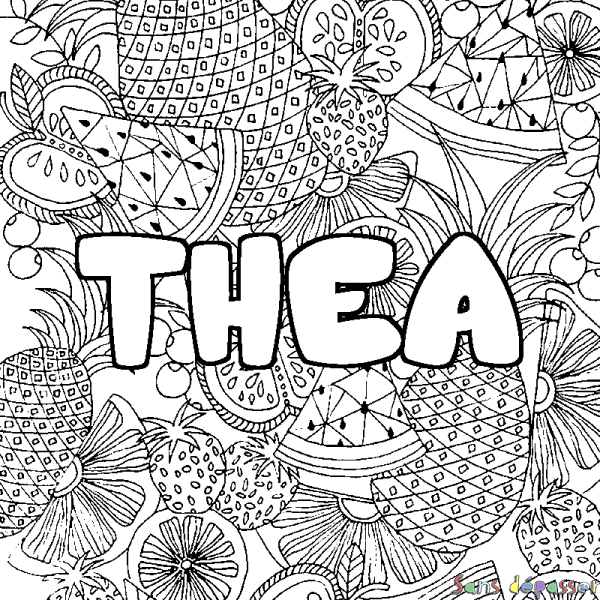 Coloriage pr&eacute;nom THEA - d&eacute;cor Mandala fruits