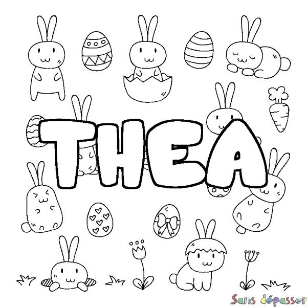 Coloriage pr&eacute;nom THEA - d&eacute;cor Paques
