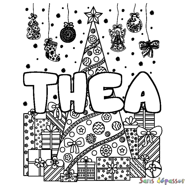 Coloriage pr&eacute;nom THEA - d&eacute;cor Sapin et Cadeaux