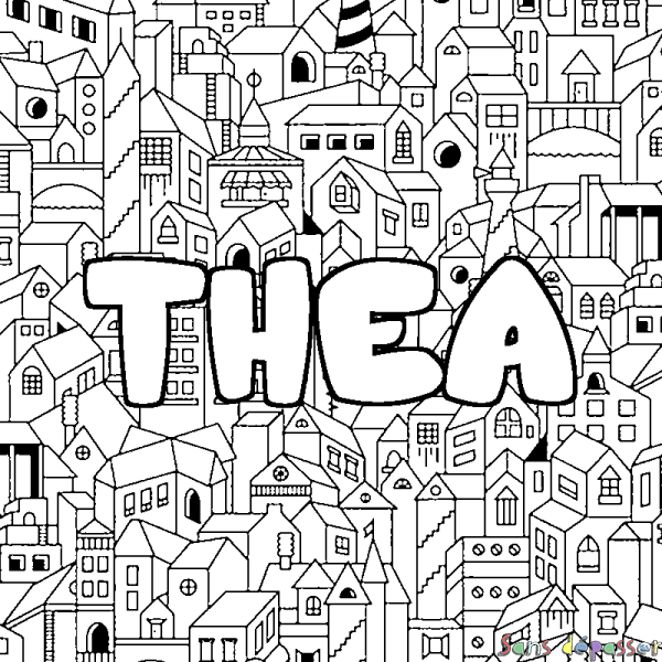 Coloriage pr&eacute;nom THEA - d&eacute;cor Ville