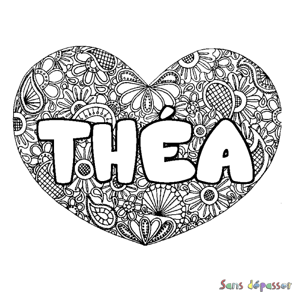 Coloriage pr&eacute;nom TH&Eacute;A - d&eacute;cor Mandala coeur