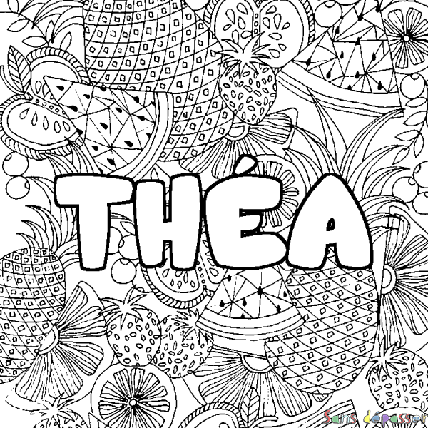 Coloriage pr&eacute;nom TH&Eacute;A - d&eacute;cor Mandala fruits