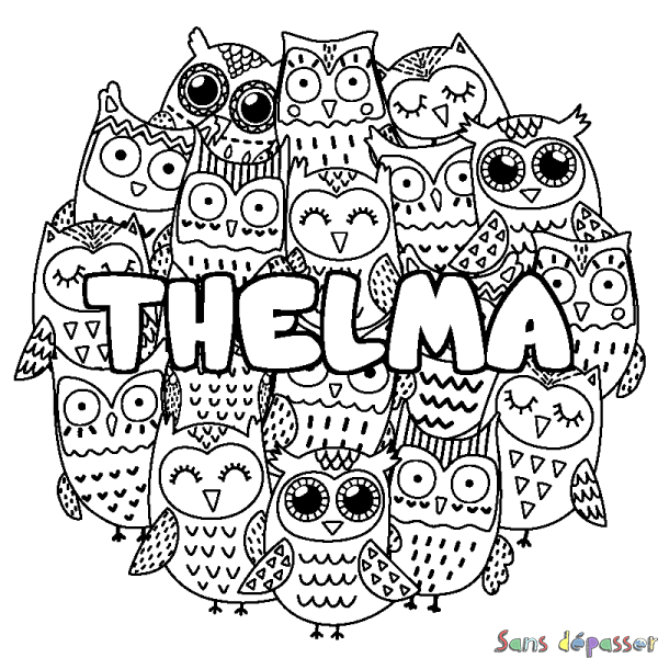 Coloriage pr&eacute;nom THELMA - d&eacute;cor Chouettes
