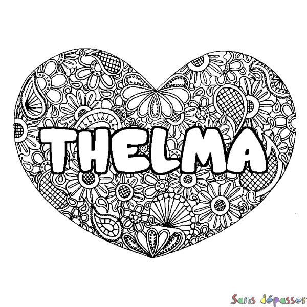 Coloriage pr&eacute;nom THELMA - d&eacute;cor Mandala coeur