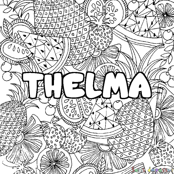 Coloriage pr&eacute;nom THELMA - d&eacute;cor Mandala fruits