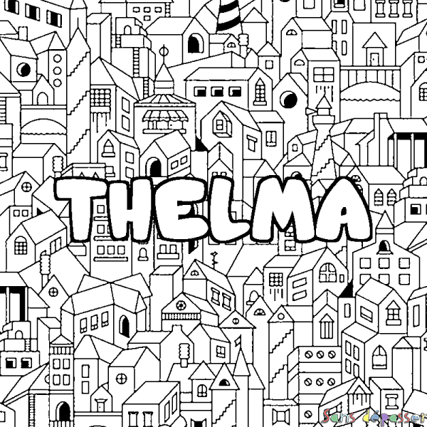 Coloriage pr&eacute;nom THELMA - d&eacute;cor Ville