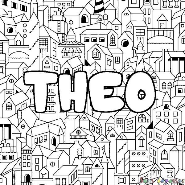 Coloriage pr&eacute;nom THEO - d&eacute;cor Ville