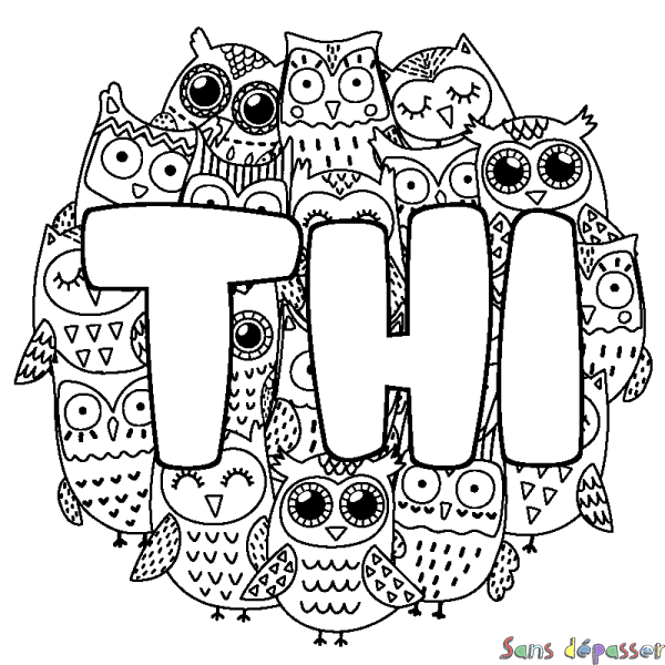 Coloriage pr&eacute;nom THI - d&eacute;cor Chouettes