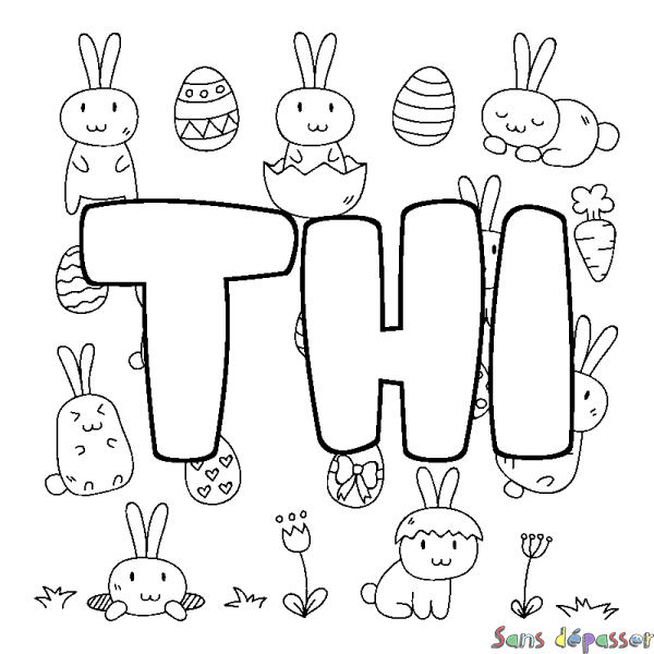 Coloriage pr&eacute;nom THI - d&eacute;cor Paques
