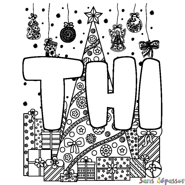 Coloriage pr&eacute;nom THI - d&eacute;cor Sapin et Cadeaux
