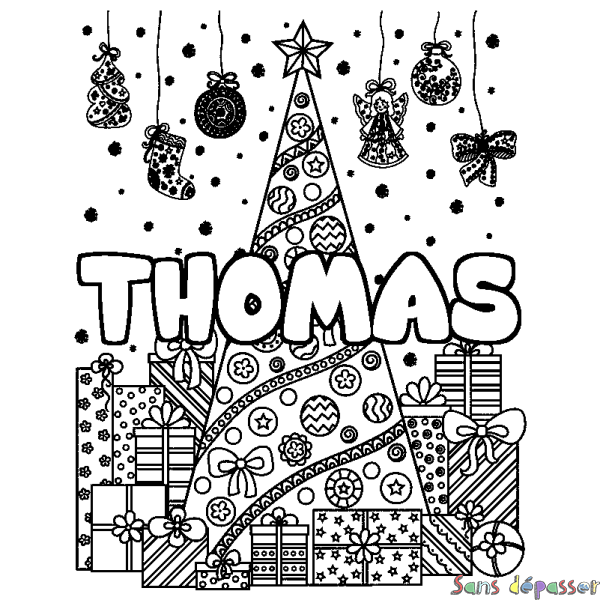 Coloriage pr&eacute;nom THOMAS - d&eacute;cor Sapin et Cadeaux