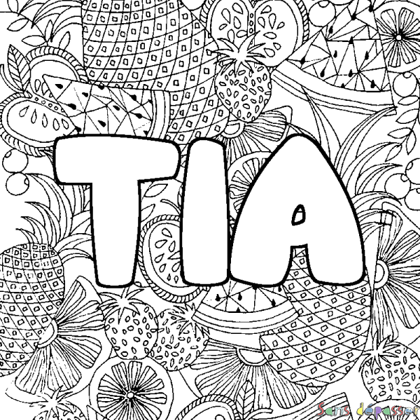 Coloriage pr&eacute;nom TIA - d&eacute;cor Mandala fruits