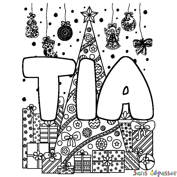 Coloriage pr&eacute;nom TIA - d&eacute;cor Sapin et Cadeaux