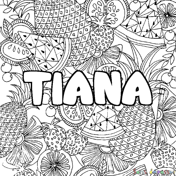 Coloriage prénom TIANA - d&eacute;cor Mandala fruits