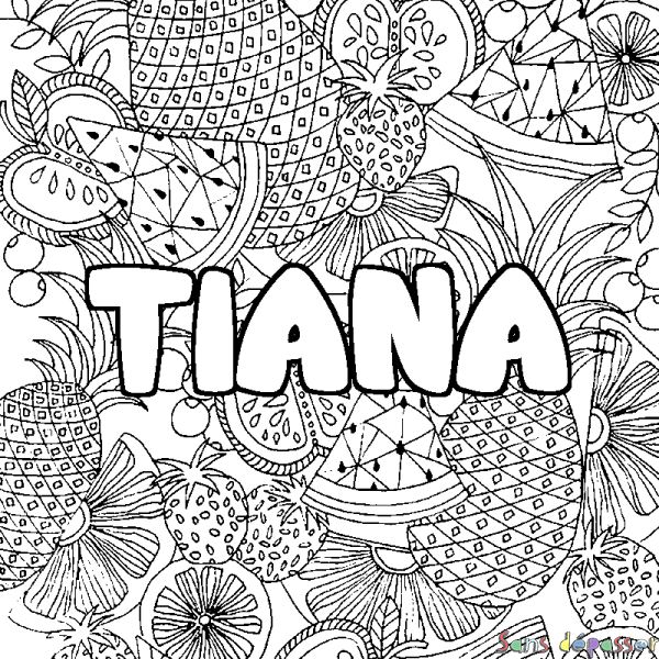 Coloriage pr&eacute;nom TIANA - d&eacute;cor Mandala fruits