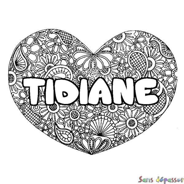 Coloriage pr&eacute;nom TIDIANE - d&eacute;cor Mandala coeur
