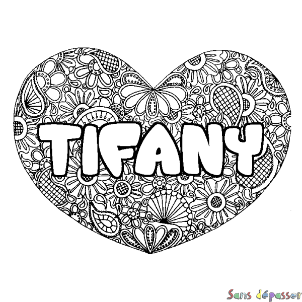 Coloriage pr&eacute;nom TIFANY - d&eacute;cor Mandala coeur
