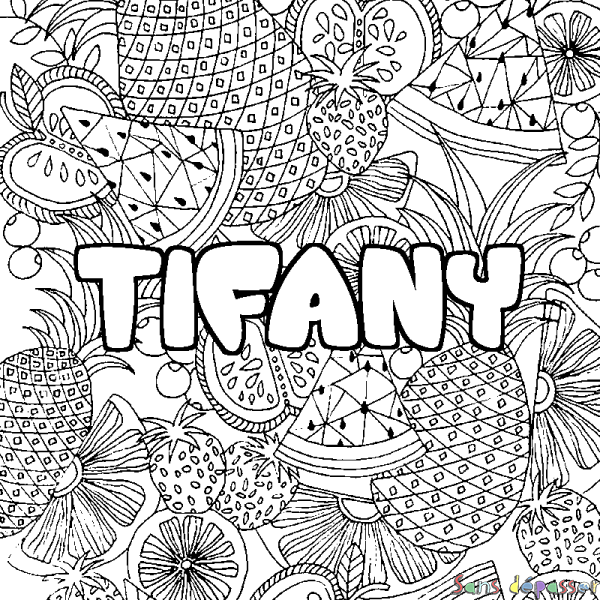 Coloriage pr&eacute;nom TIFANY - d&eacute;cor Mandala fruits
