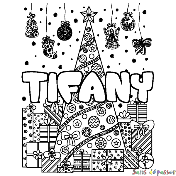 Coloriage pr&eacute;nom TIFANY - d&eacute;cor Sapin et Cadeaux
