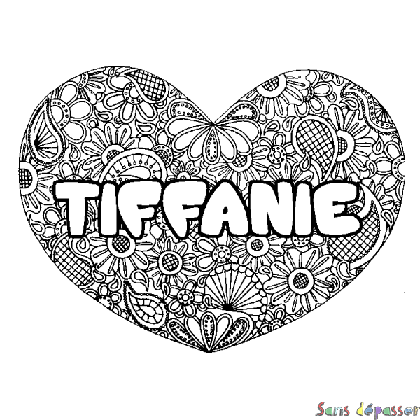 Coloriage pr&eacute;nom TIFFANIE - d&eacute;cor Mandala coeur