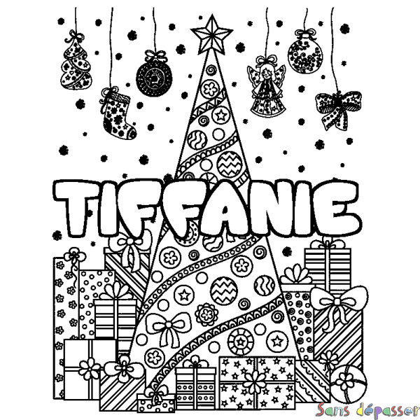 Coloriage pr&eacute;nom TIFFANIE - d&eacute;cor Sapin et Cadeaux