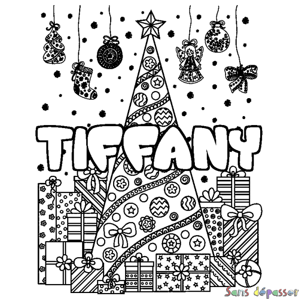 Coloriage pr&eacute;nom TIFFANY - d&eacute;cor Sapin et Cadeaux