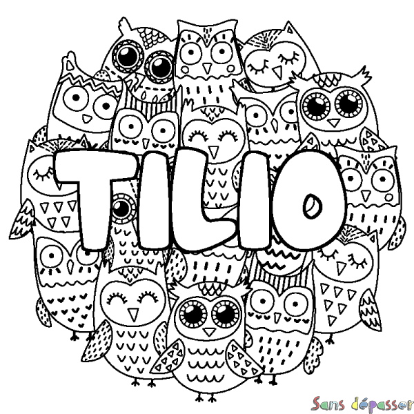 Coloriage pr&eacute;nom TILIO - d&eacute;cor Chouettes