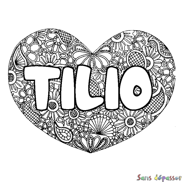 Coloriage pr&eacute;nom TILIO - d&eacute;cor Mandala coeur