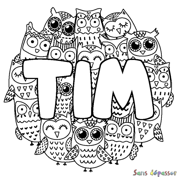 Coloriage pr&eacute;nom TIM - d&eacute;cor Chouettes