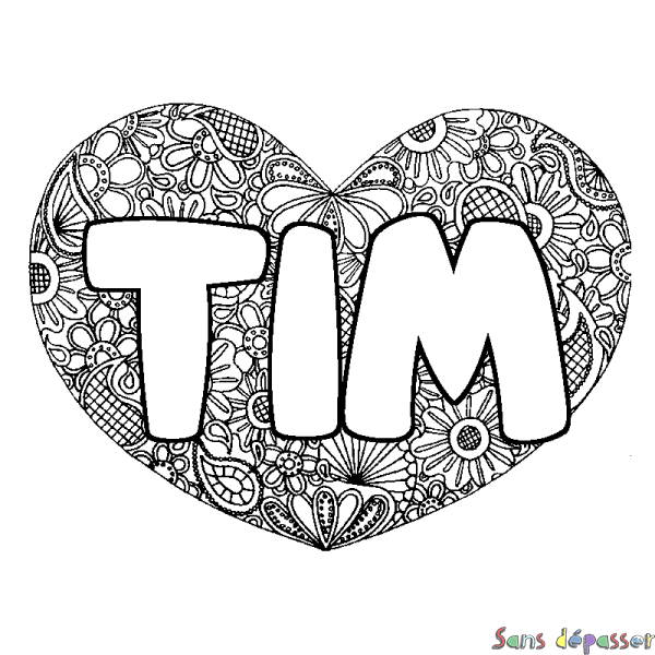 Coloriage pr&eacute;nom TIM - d&eacute;cor Mandala coeur