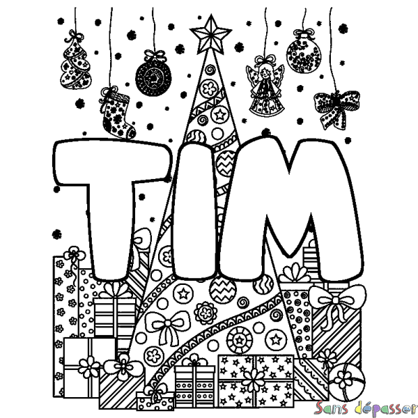 Coloriage pr&eacute;nom TIM - d&eacute;cor Sapin et Cadeaux