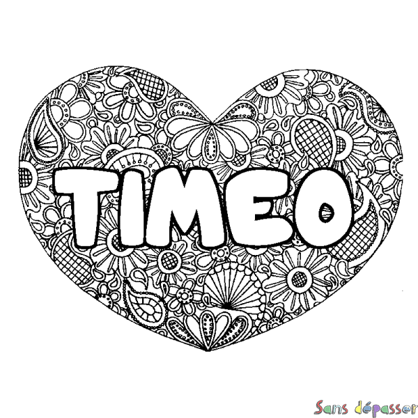 Coloriage pr&eacute;nom TIMEO - d&eacute;cor Mandala coeur