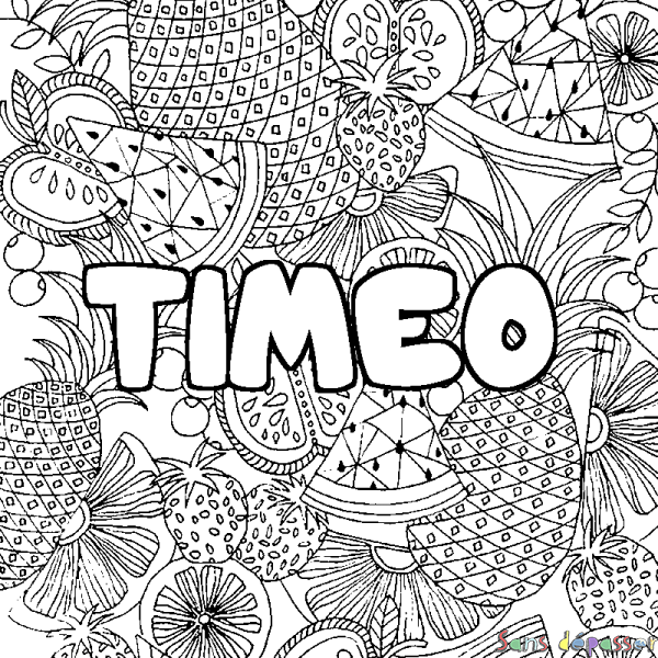 Coloriage pr&eacute;nom TIMEO - d&eacute;cor Mandala fruits