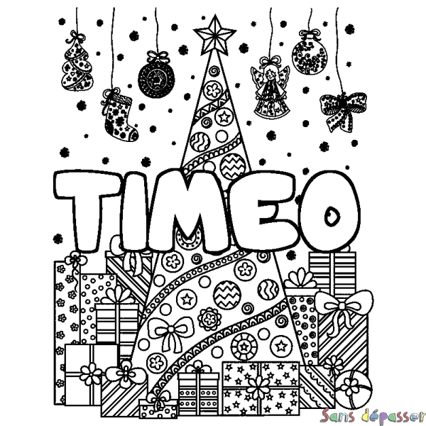 Coloriage pr&eacute;nom TIMEO - d&eacute;cor Sapin et Cadeaux