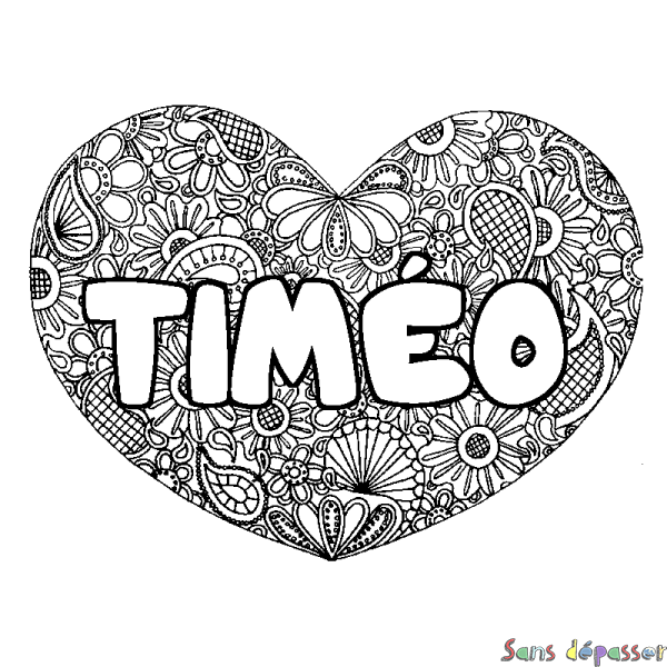 Coloriage pr&eacute;nom TIM&Eacute;O - d&eacute;cor Mandala coeur