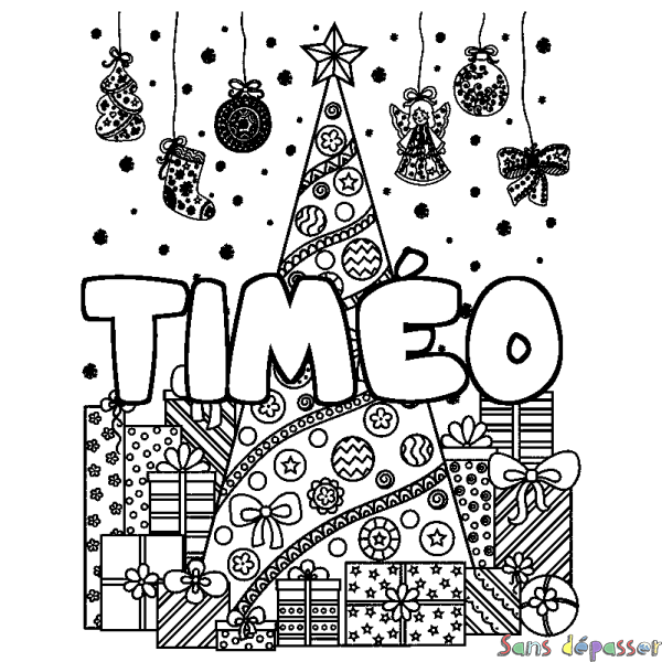 Coloriage pr&eacute;nom TIM&Eacute;O - d&eacute;cor Sapin et Cadeaux