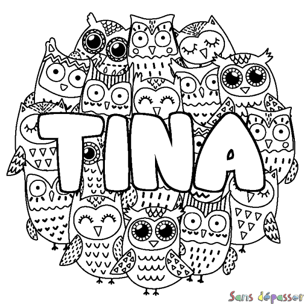 Coloriage pr&eacute;nom TINA - d&eacute;cor Chouettes