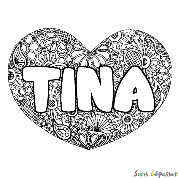 Coloriage prénom TINA - d&eacute;cor Mandala coeur