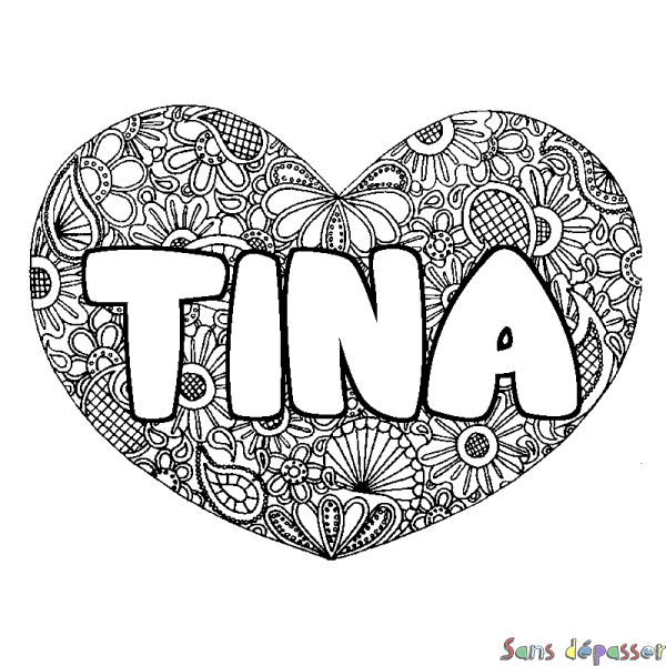 Coloriage pr&eacute;nom TINA - d&eacute;cor Mandala coeur
