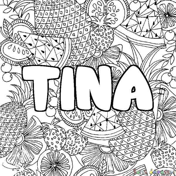 Coloriage pr&eacute;nom TINA - d&eacute;cor Mandala fruits