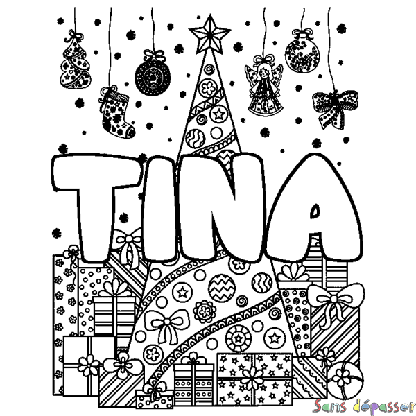 Coloriage prénom TINA - d&eacute;cor Sapin et Cadeaux