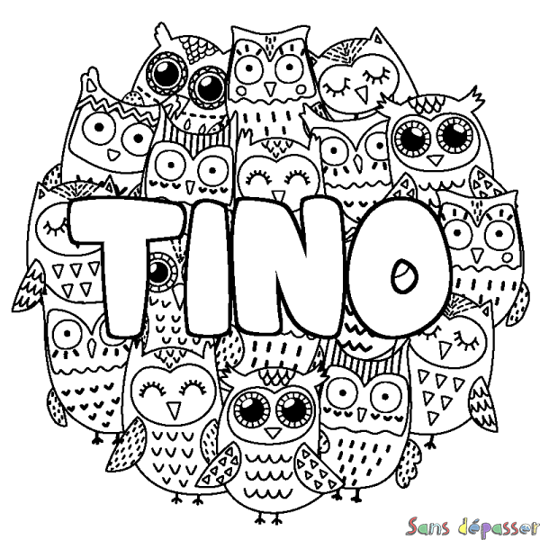 Coloriage pr&eacute;nom TINO - d&eacute;cor Chouettes