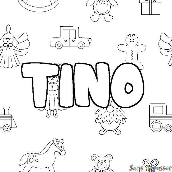 Coloriage pr&eacute;nom TINO - d&eacute;cor Jouets