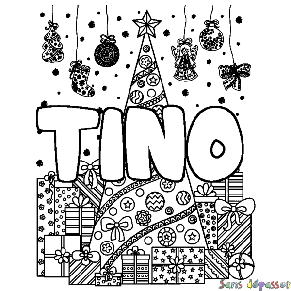 Coloriage pr&eacute;nom TINO - d&eacute;cor Sapin et Cadeaux